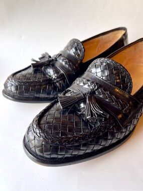 Johnston & Murphy Black Woven Leather Tassel Penny Loafers- 10 M
